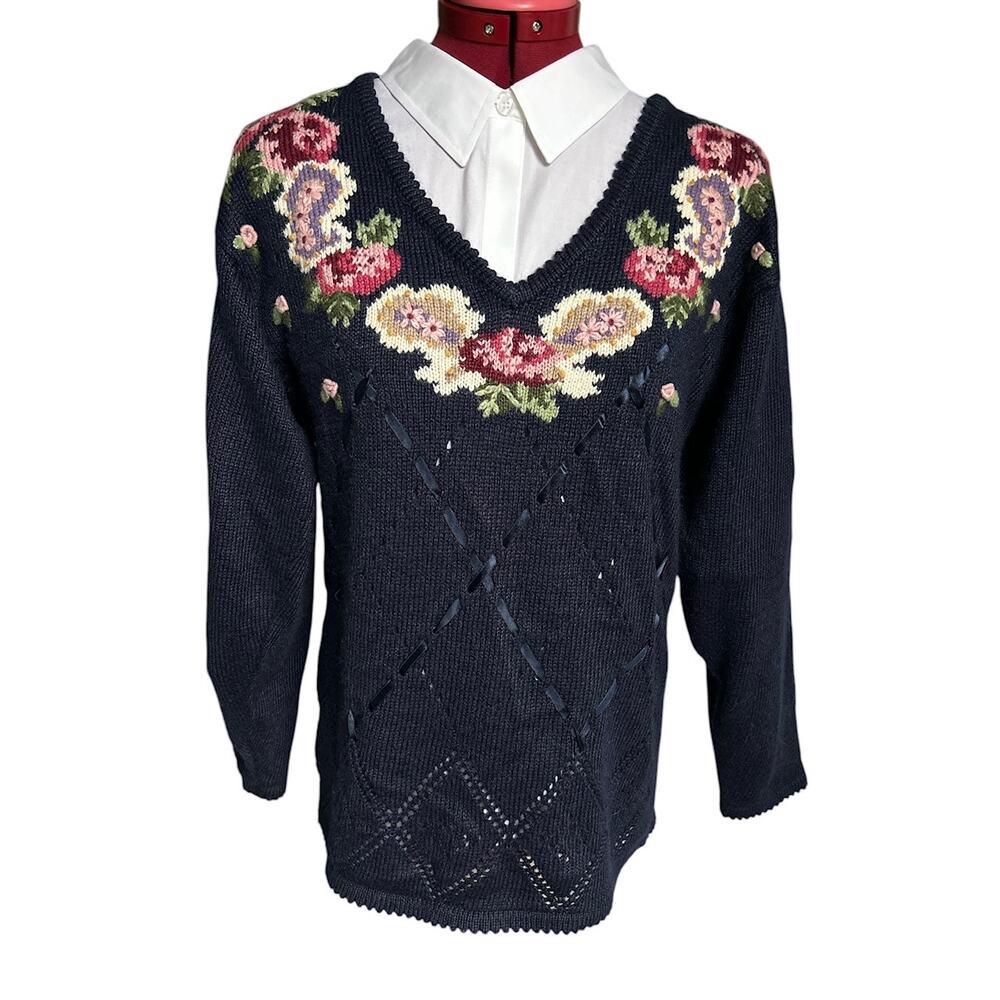 Vintage Jantzen Medium Large Petite Hand Embroidered Floral V Neck Sweater
